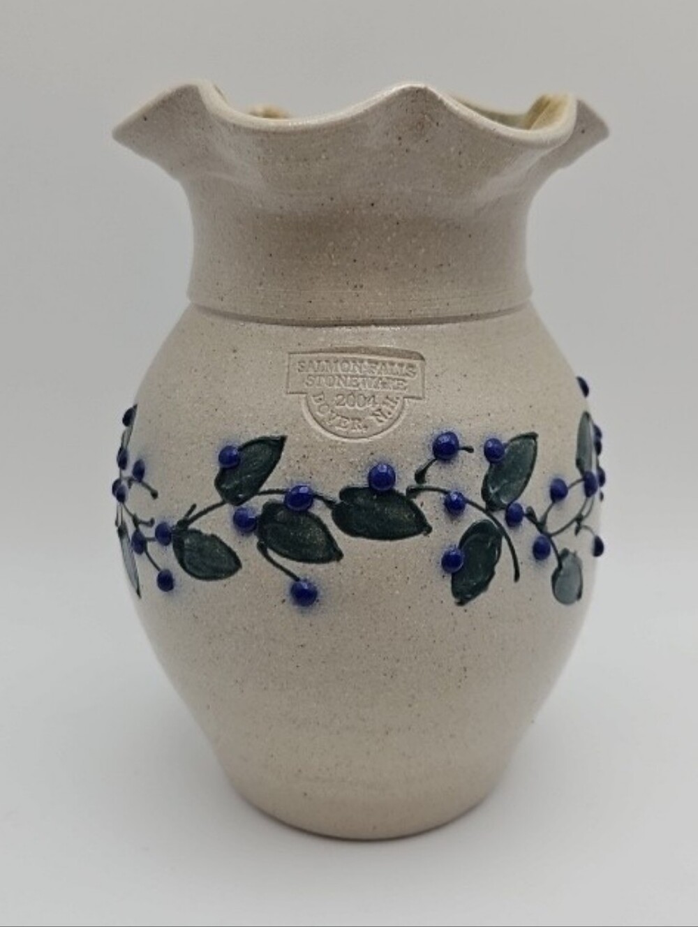 Salmon Falls 2004 Salt Glaze Hand Painted Blueberry Vine 7" Vase